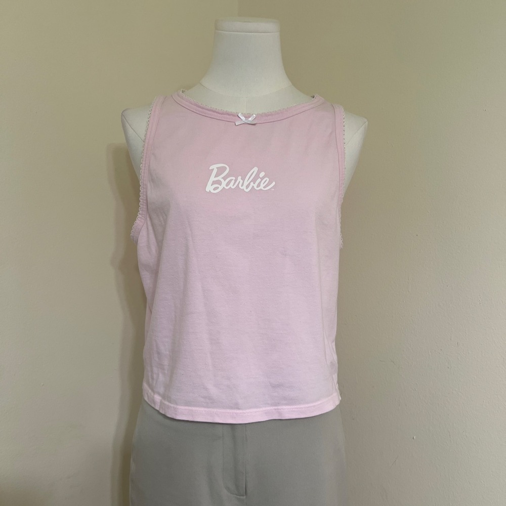 Barbie by PacSun 100% Cotton Pink Lace Trim Cropped Tank Top Bow Coquette L